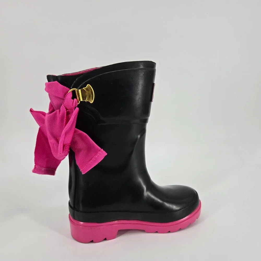 Joules‎ Bow Welly Girls Rain Boots Black Pink Ribbon Waterproof Size US 9 NWT